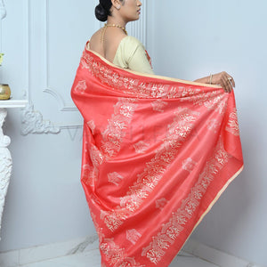 Bright Red Handloom Pure Kosa Silk Saree with Bastar Embroidery Work