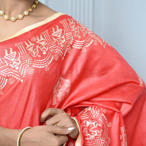 Bright Red Handloom Pure Kosa Silk Saree with Bastar Embroidery Work