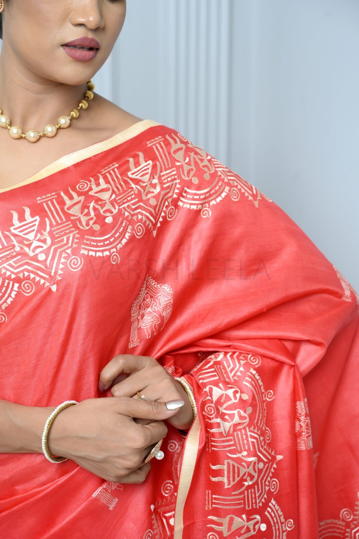 Bright Red Handloom Pure Kosa Silk Saree with Bastar Embroidery Work