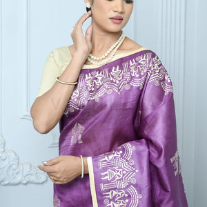 Purple Handloom Pure Kosa Silk Saree With Bastar Embroidery Work