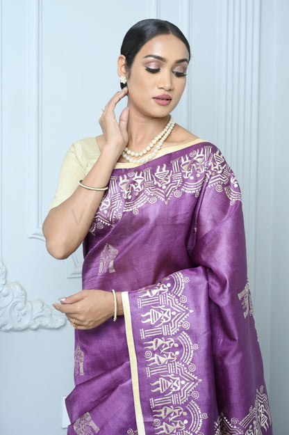 Purple Handloom Pure Kosa Silk Saree With Bastar Embroidery Work
