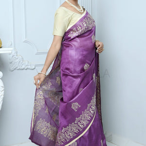 Purple Handloom Pure Kosa Silk Saree With Bastar Embroidery Work