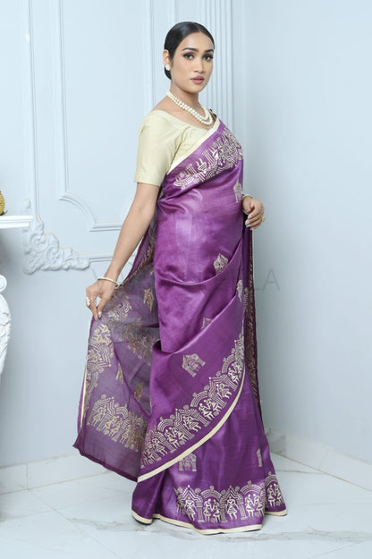 Purple Handloom Pure Kosa Silk Saree With Bastar Embroidery Work