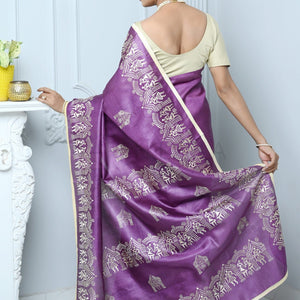 Purple Handloom Pure Kosa Silk Saree With Bastar Embroidery Work
