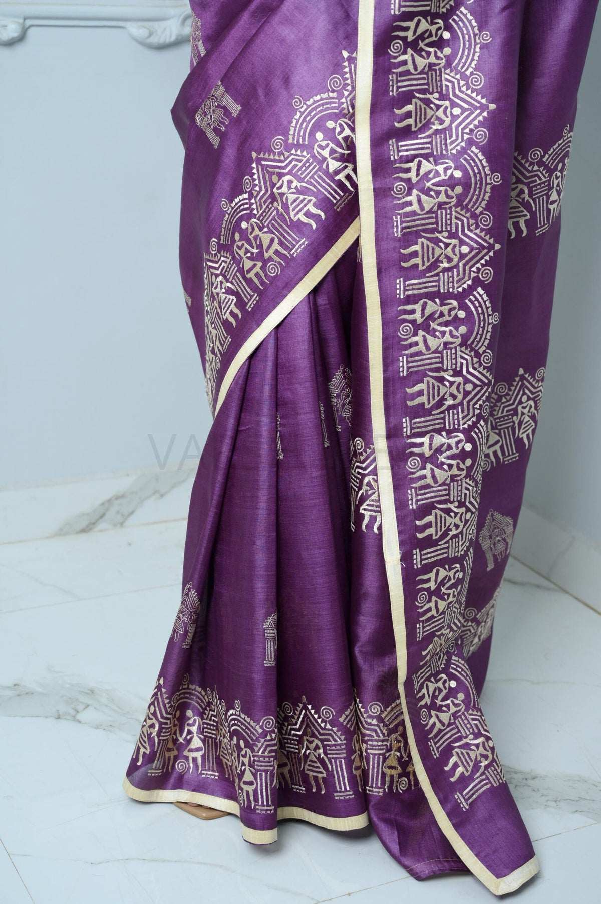 Purple Handloom Pure Kosa Silk Saree With Bastar Embroidery Work