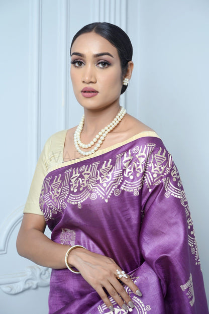 Purple Handloom Pure Kosa Silk Saree With Bastar Embroidery Work
