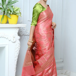 Pink Handloom Pure Kosa Silk Saree With Antique Zari Work