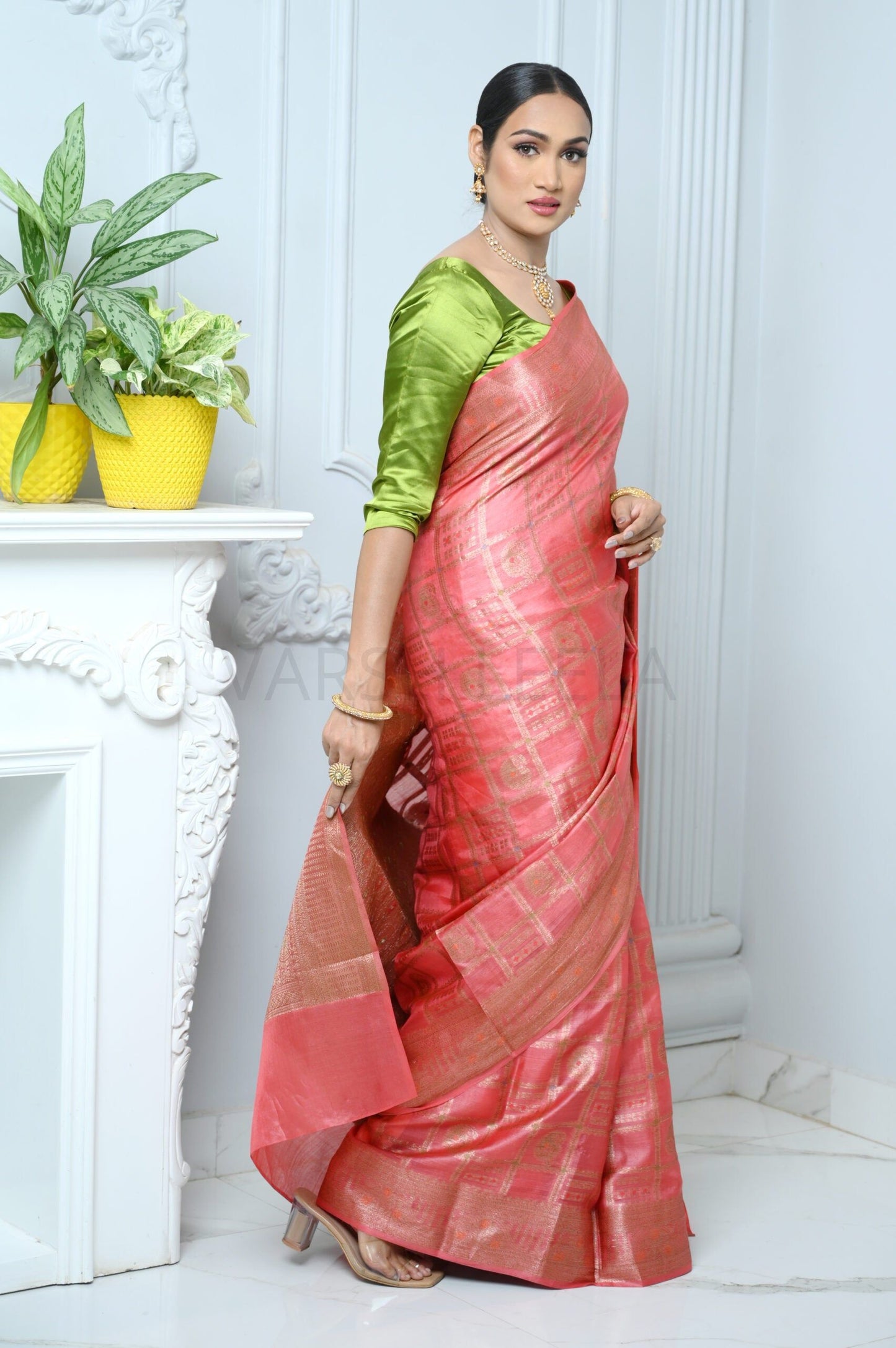 Pink Handloom Pure Kosa Silk Saree With Antique Zari Work