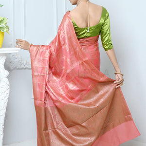 Pink Handloom Pure Kosa Silk Saree With Antique Zari Work