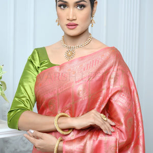 Pink Handloom Pure Kosa Silk Saree With Antique Zari Work