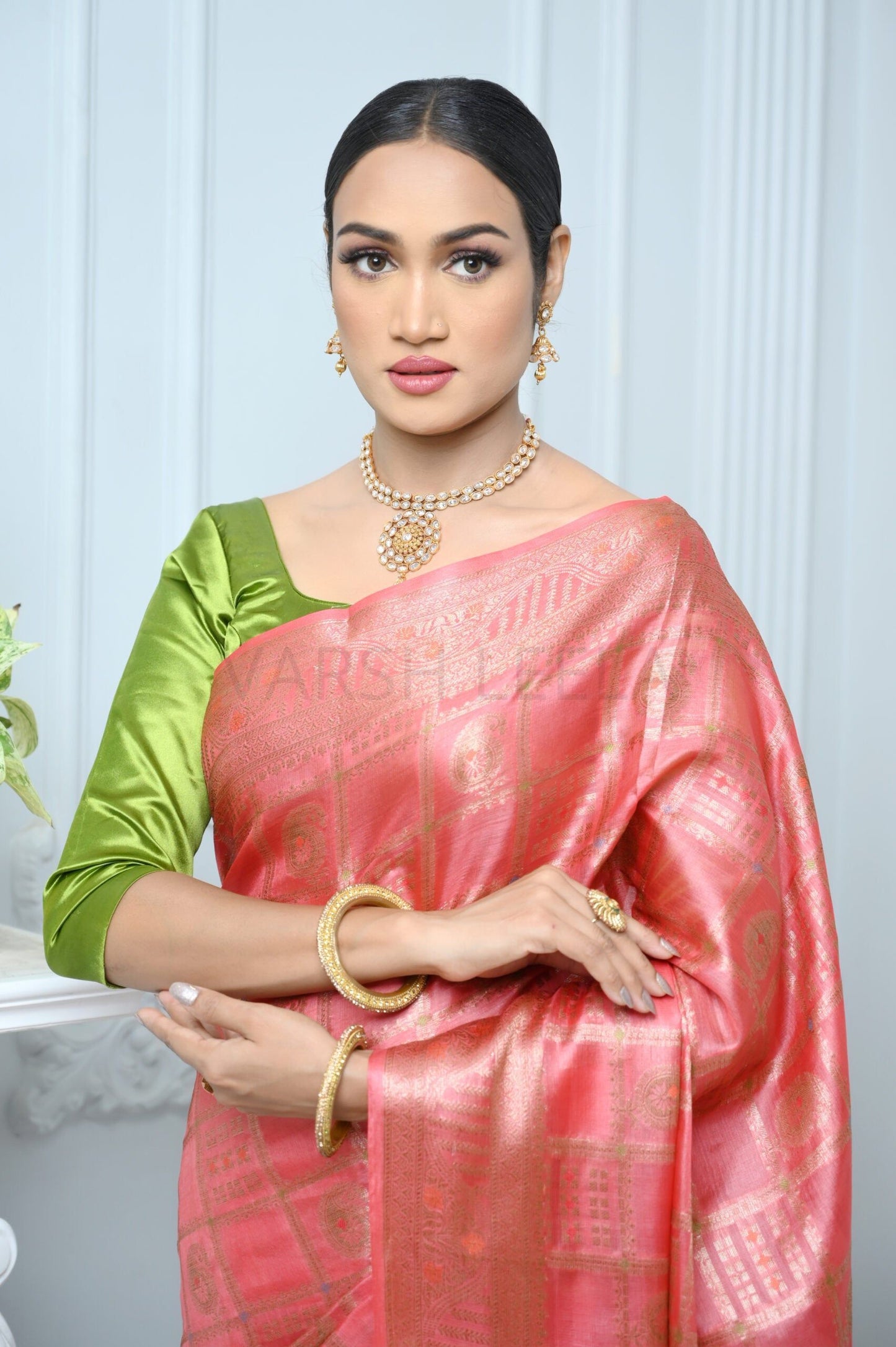 Pink Handloom Pure Kosa Silk Saree With Antique Zari Work