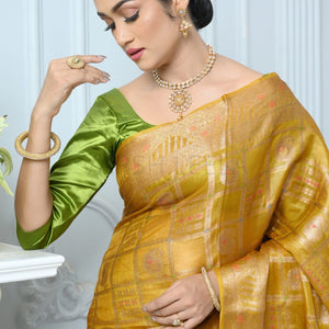 Mustard Handloom Pure Kosa Silk Saree With Antique Zari Work