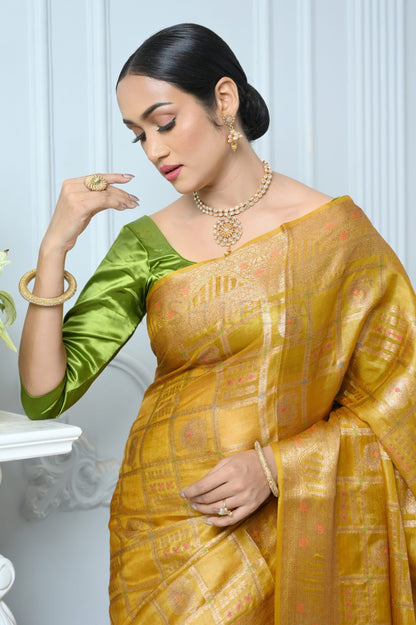 Mustard Handloom Pure Kosa Silk Saree With Antique Zari Work