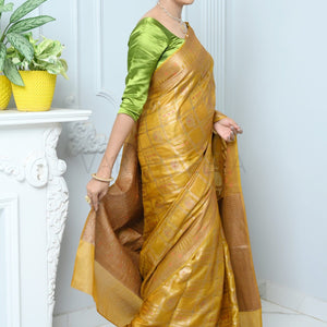 Mustard Handloom Pure Kosa Silk Saree With Antique Zari Work