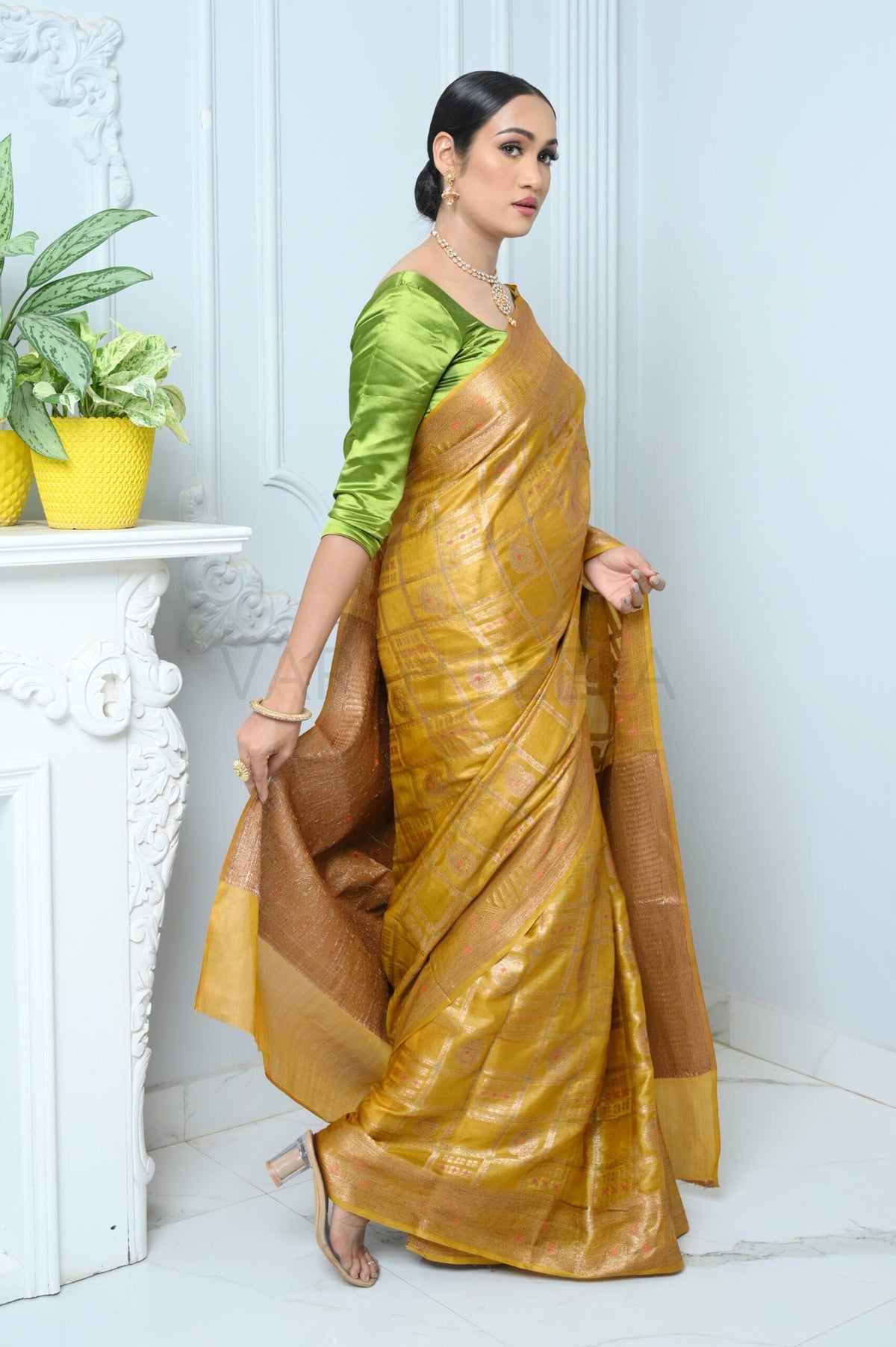 Mustard Handloom Pure Kosa Silk Saree With Antique Zari Work