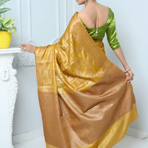 Mustard Handloom Pure Kosa Silk Saree With Antique Zari Work