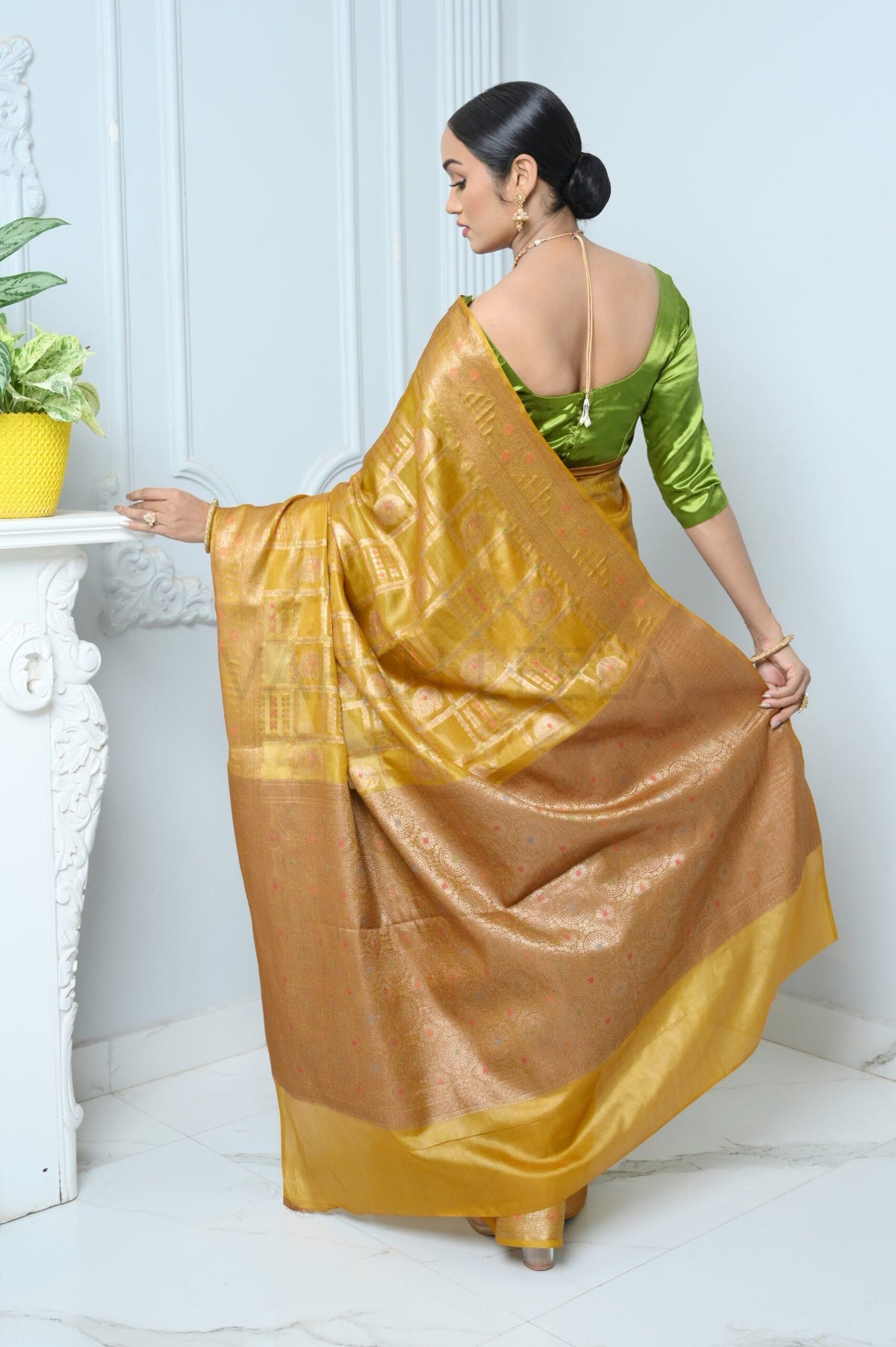 Mustard Handloom Pure Kosa Silk Saree With Antique Zari Work