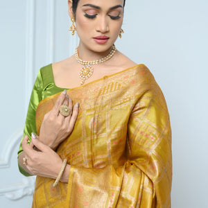 Mustard Handloom Pure Kosa Silk Saree With Antique Zari Work