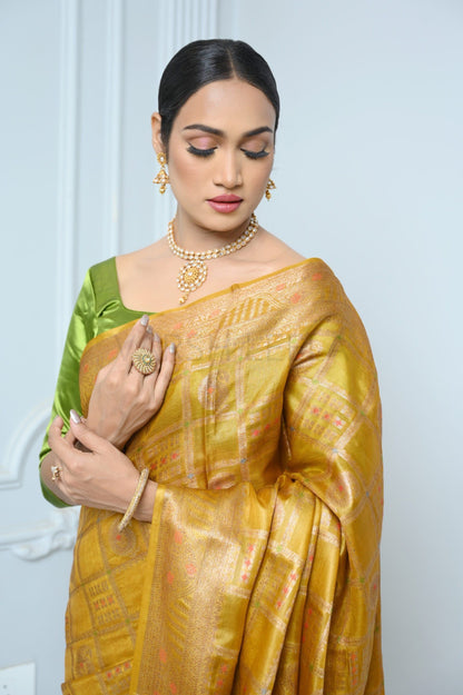 Mustard Handloom Pure Kosa Silk Saree With Antique Zari Work