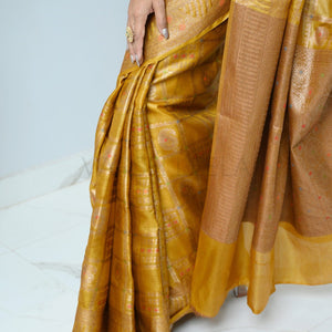 Mustard Handloom Pure Kosa Silk Saree With Antique Zari Work