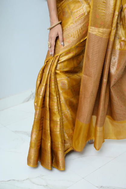 Mustard Handloom Pure Kosa Silk Saree With Antique Zari Work
