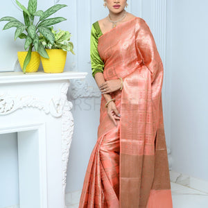 Peach Handloom Pure Kosa Silk Saree with Antique Zari Work