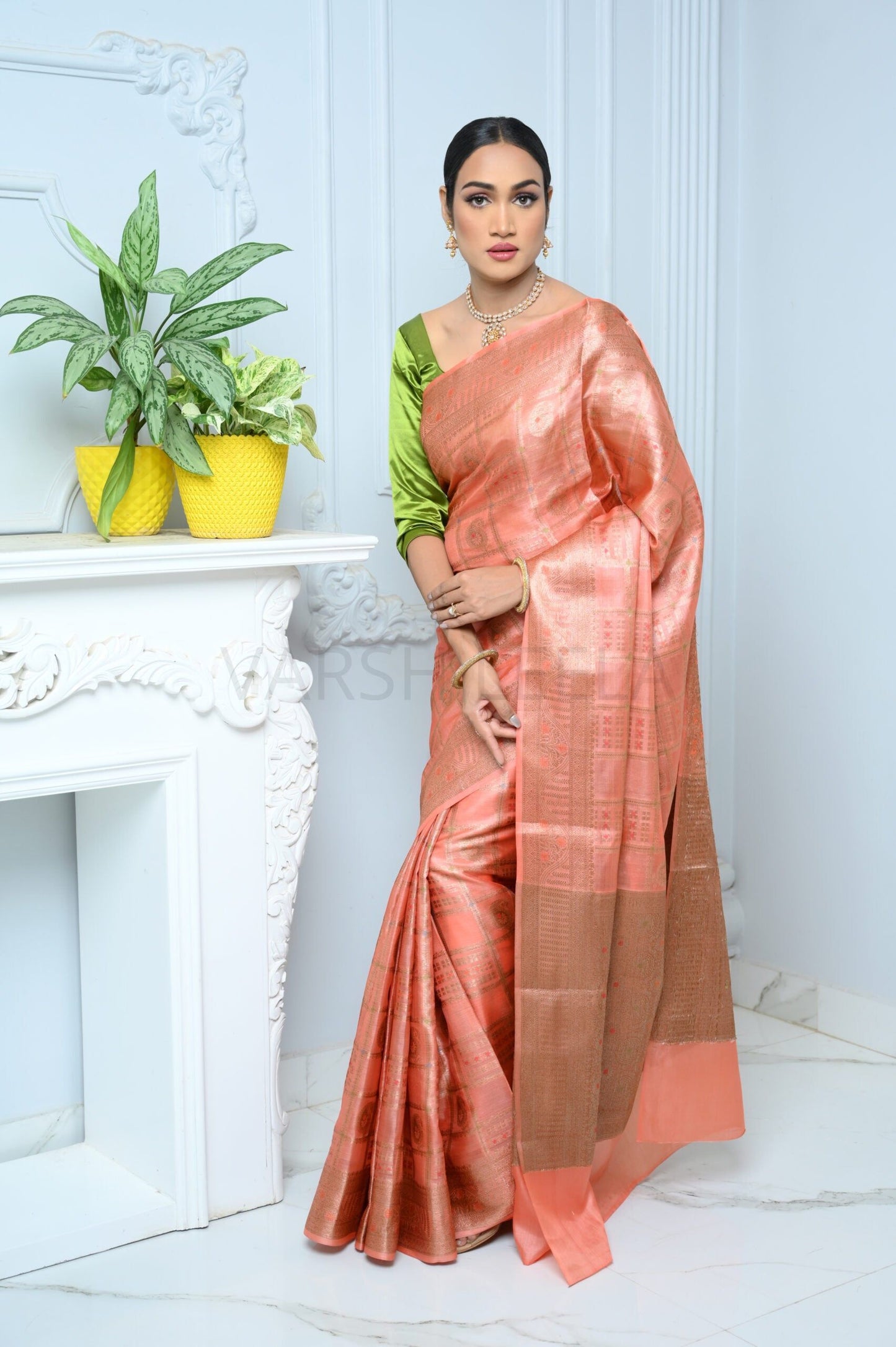 Peach Handloom Pure Kosa Silk Saree with Antique Zari Work