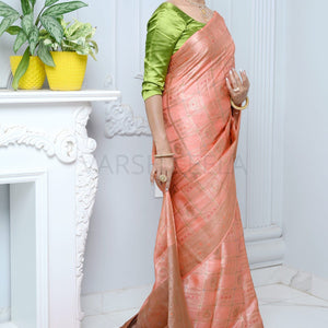 Peach Handloom Pure Kosa Silk Saree with Antique Zari Work