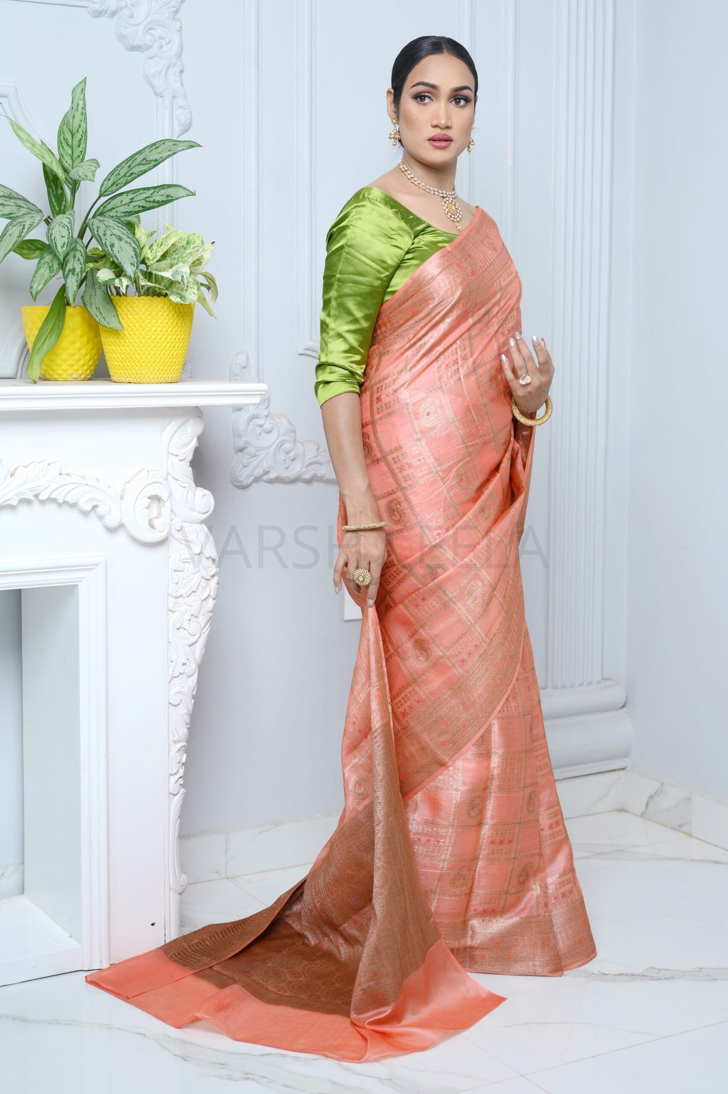 Peach Handloom Pure Kosa Silk Saree with Antique Zari Work