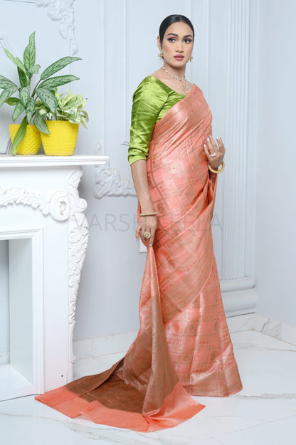 Peach Handloom Pure Kosa Silk Saree with Antique Zari Work