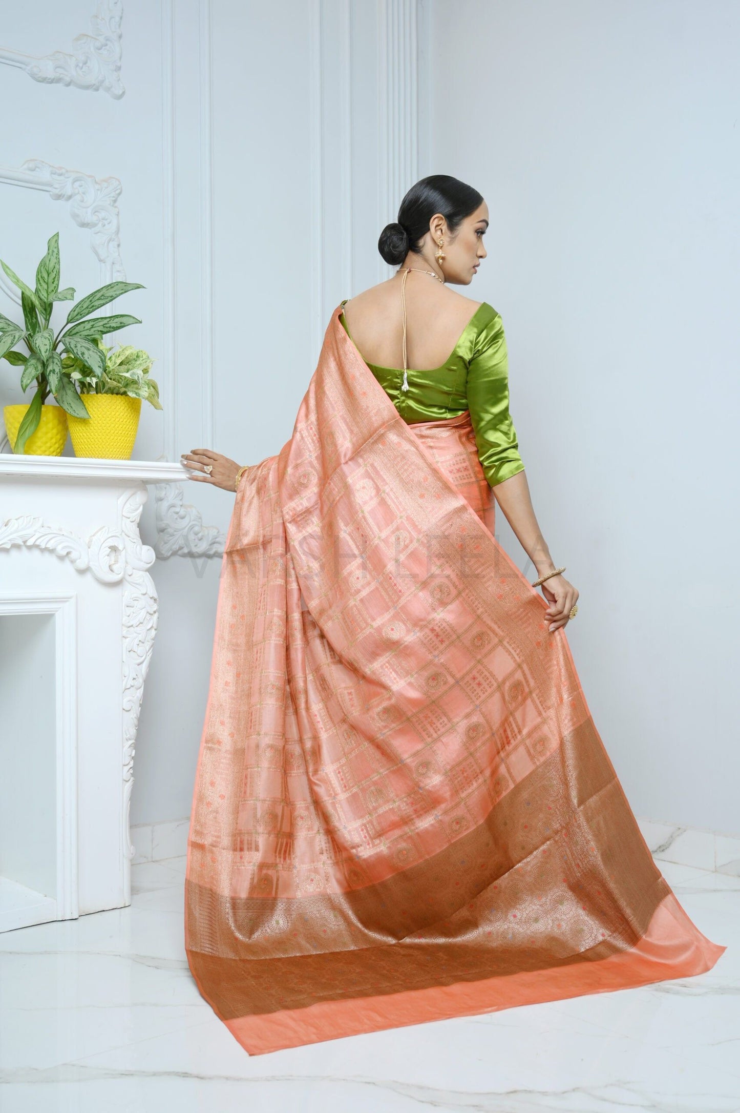 Peach Handloom Pure Kosa Silk Saree with Antique Zari Work