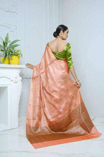 Peach Handloom Pure Kosa Silk Saree with Antique Zari Work