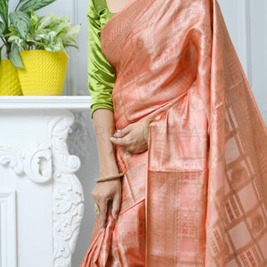 Peach Handloom Pure Kosa Silk Saree with Antique Zari Work