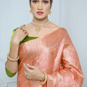 Peach Handloom Pure Kosa Silk Saree with Antique Zari Work