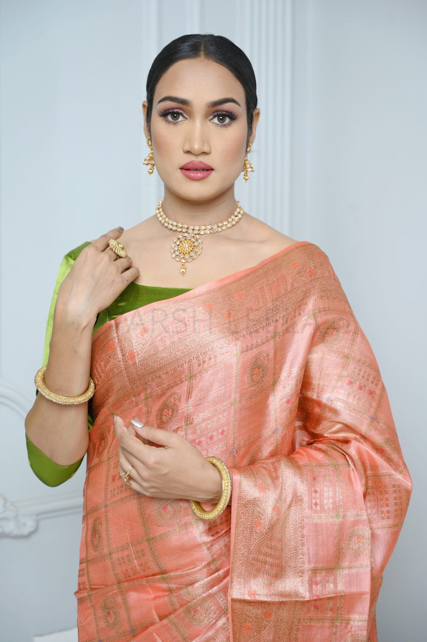 Peach Handloom Pure Kosa Silk Saree with Antique Zari Work