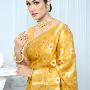 Yellow Handloom Pure Kosa Silk Saree with Zari Work