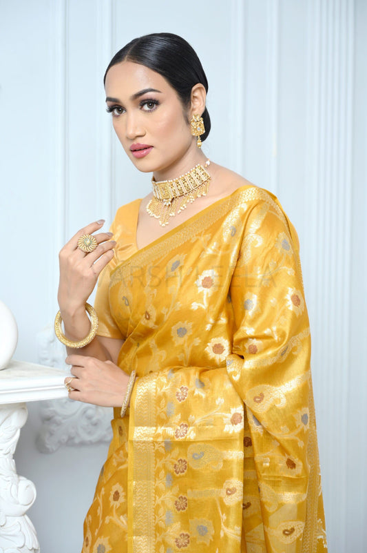 Yellow Handloom Pure Kosa Silk Saree with Zari Work