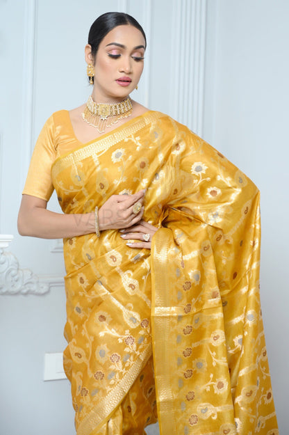 Yellow Handloom Pure Kosa Silk Saree with Zari Work