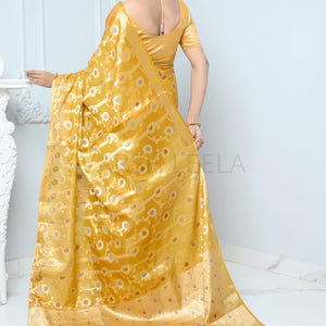 Yellow Handloom Pure Kosa Silk Saree with Zari Work