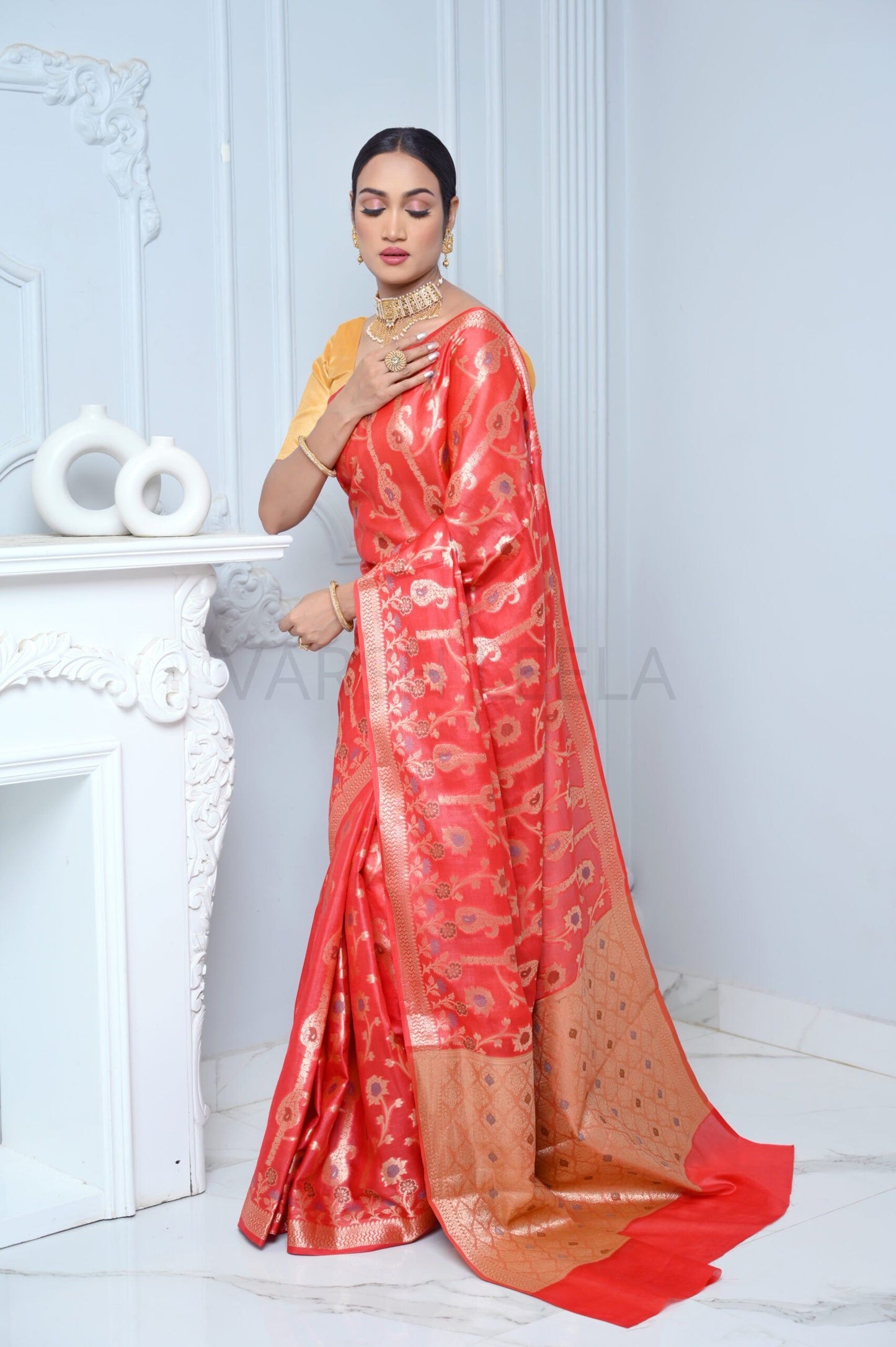 Bright Red Handloom Pure Kosa Silk Saree with Zari Work