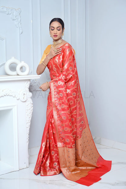 Bright Red Handloom Pure Kosa Silk Saree with Zari Work