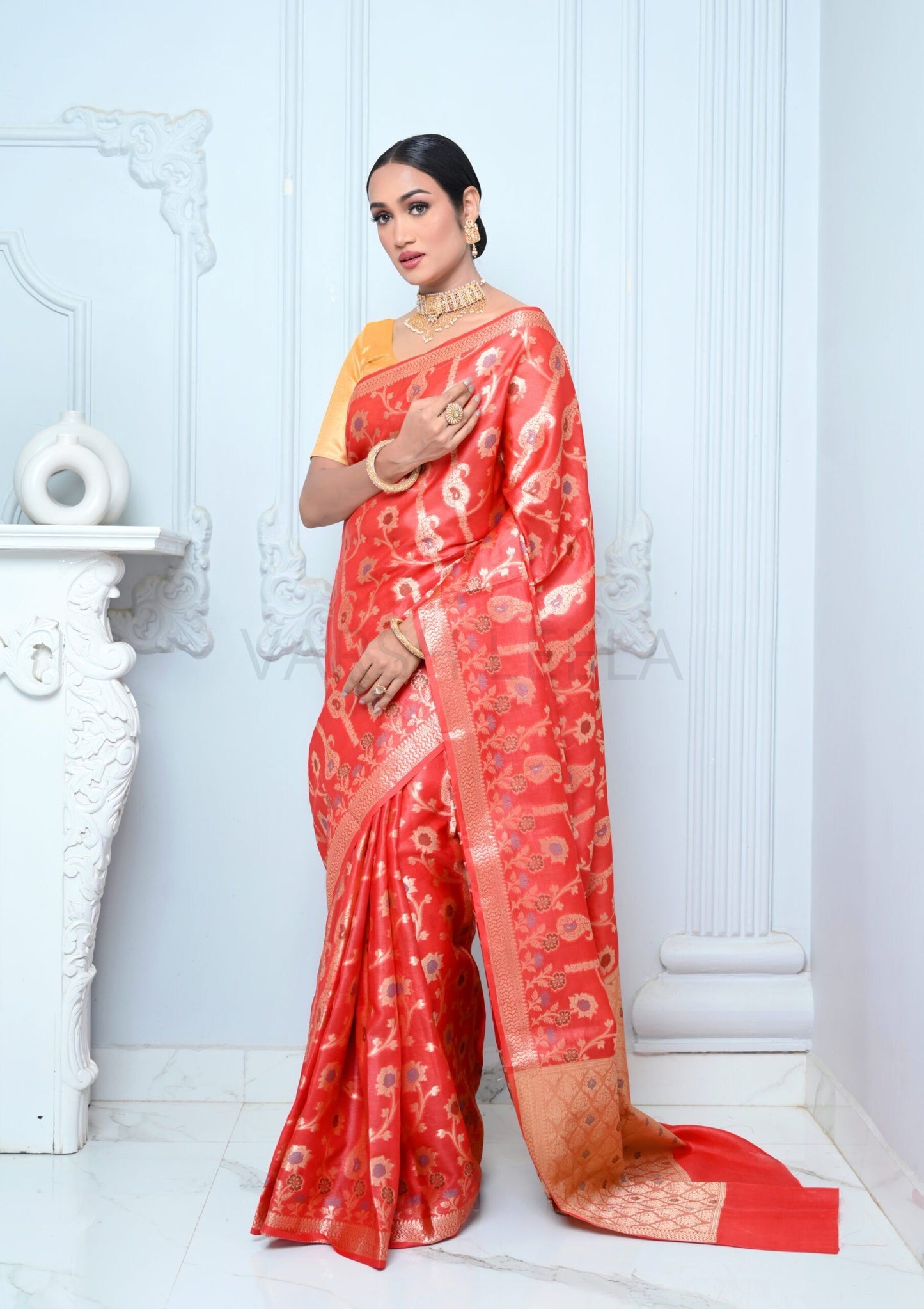 Bright Red Handloom Pure Kosa Silk Saree with Zari Work