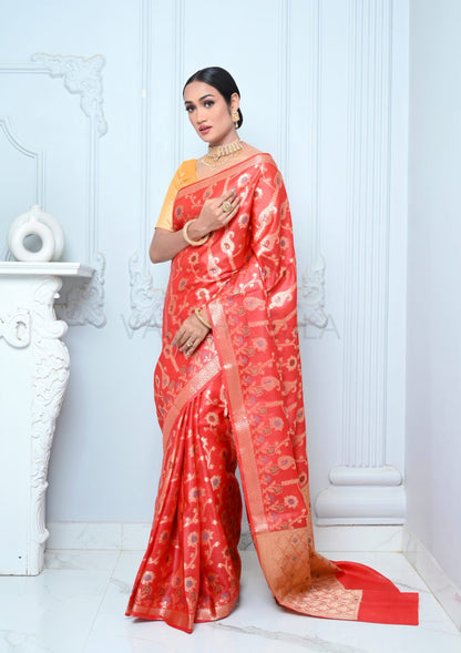 Bright Red Handloom Pure Kosa Silk Saree with Zari Work