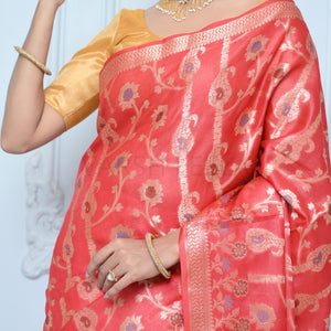 Bright Red Handloom Pure Kosa Silk Saree with Zari Work