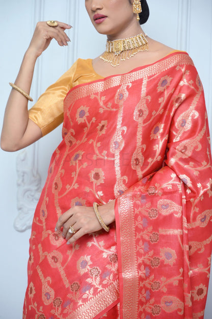 Bright Red Handloom Pure Kosa Silk Saree with Zari Work