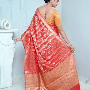 Bright Red Handloom Pure Kosa Silk Saree with Zari Work