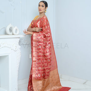 Dark Red Handloom Pure Kosa Silk Saree with Zari Work