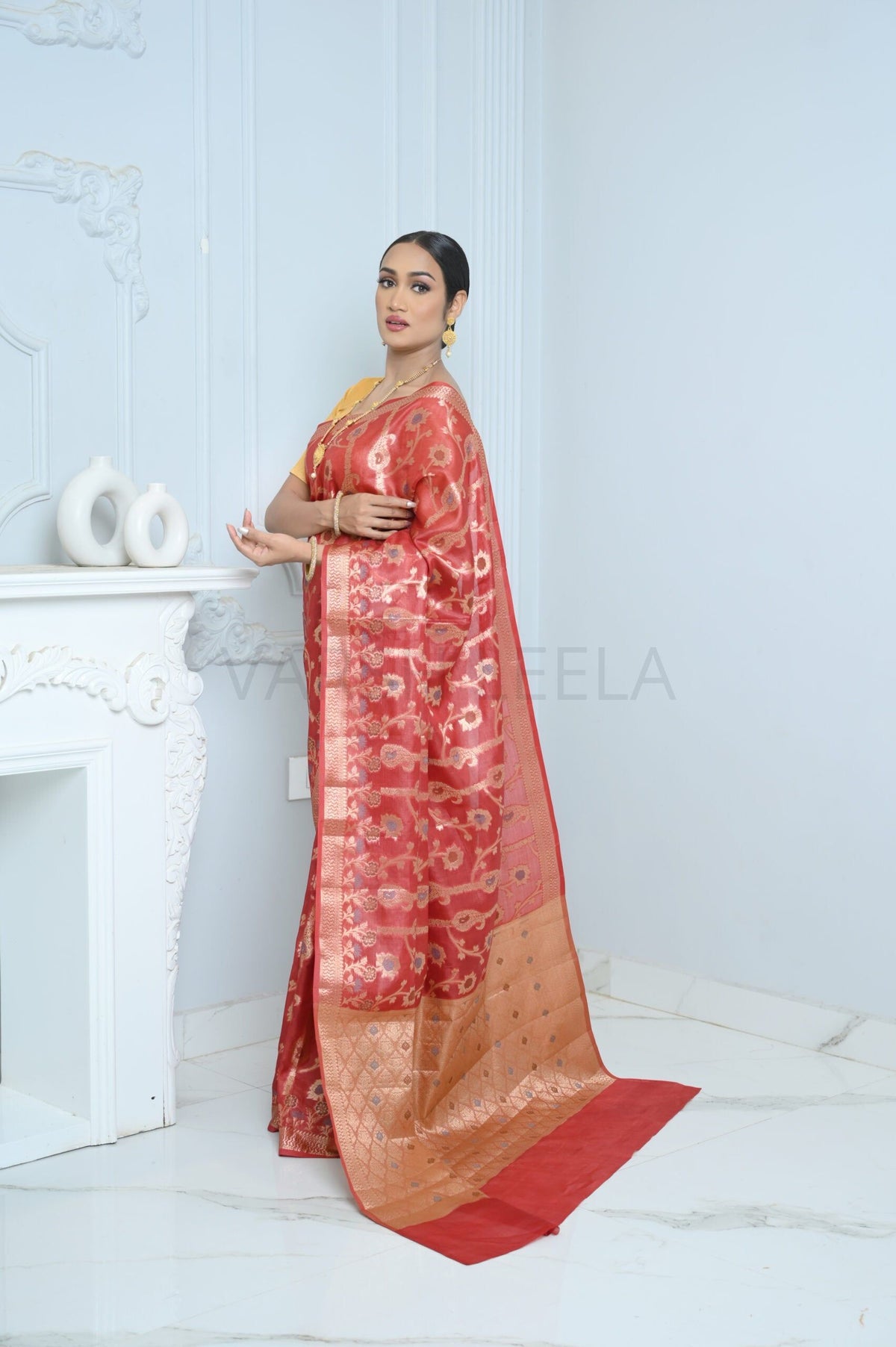 Dark Red Handloom Pure Kosa Silk Saree with Zari Work