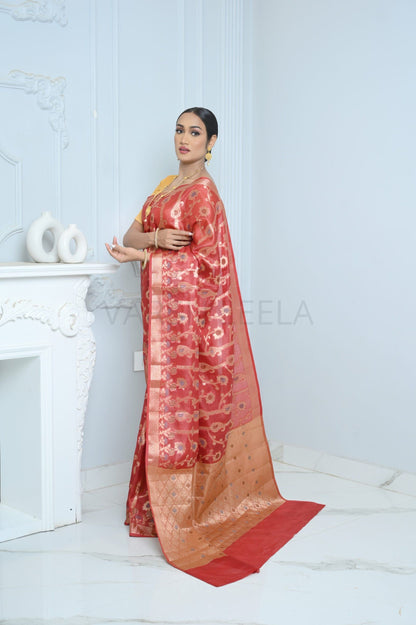 Dark Red Handloom Pure Kosa Silk Saree with Zari Work
