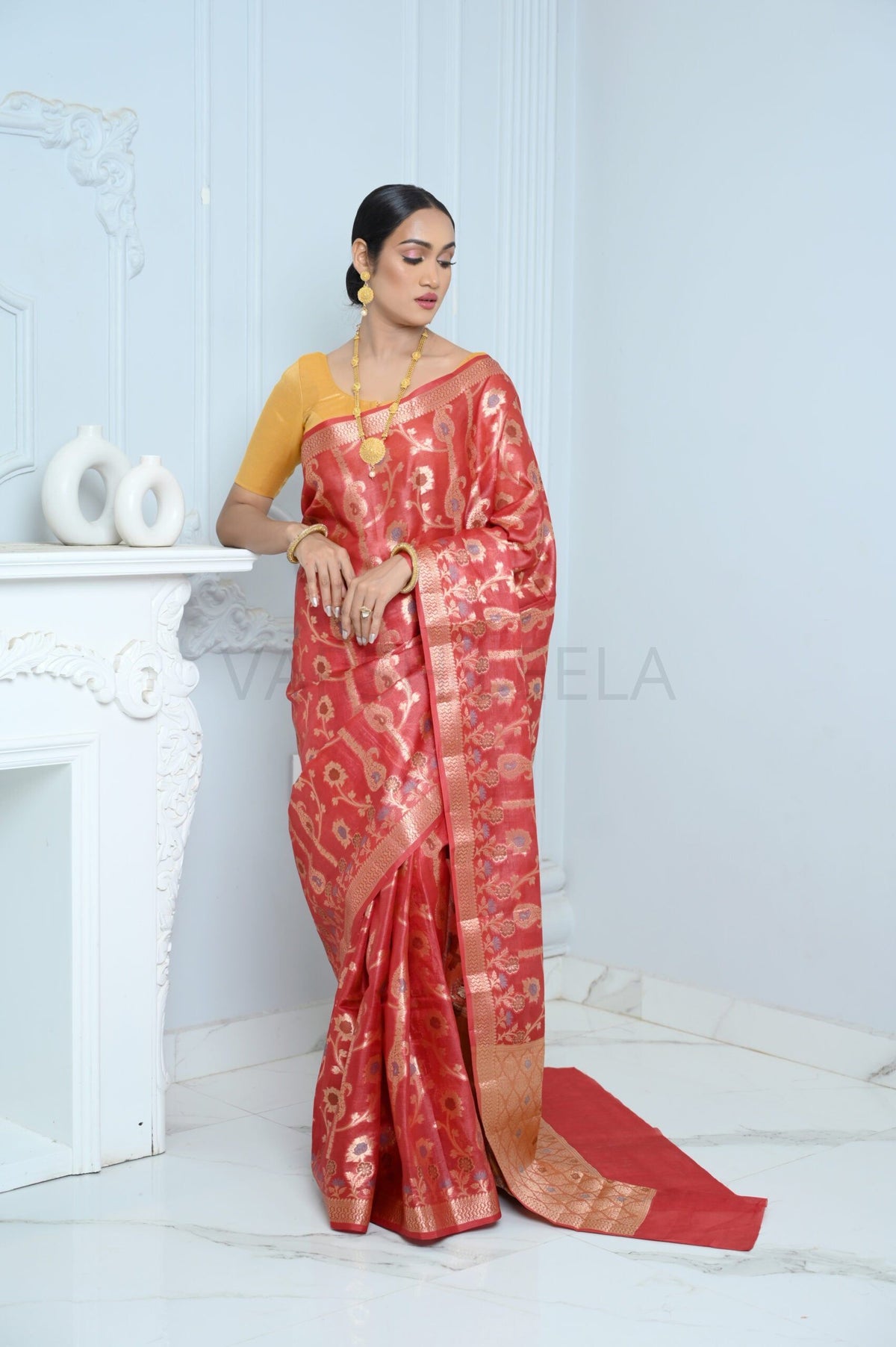 Dark Red Handloom Pure Kosa Silk Saree with Zari Work